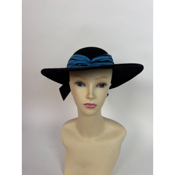 Vintage Doeskin Felt 100% Wool Ladies Hat Made in U.S.A. With Wide Brim & Blue R